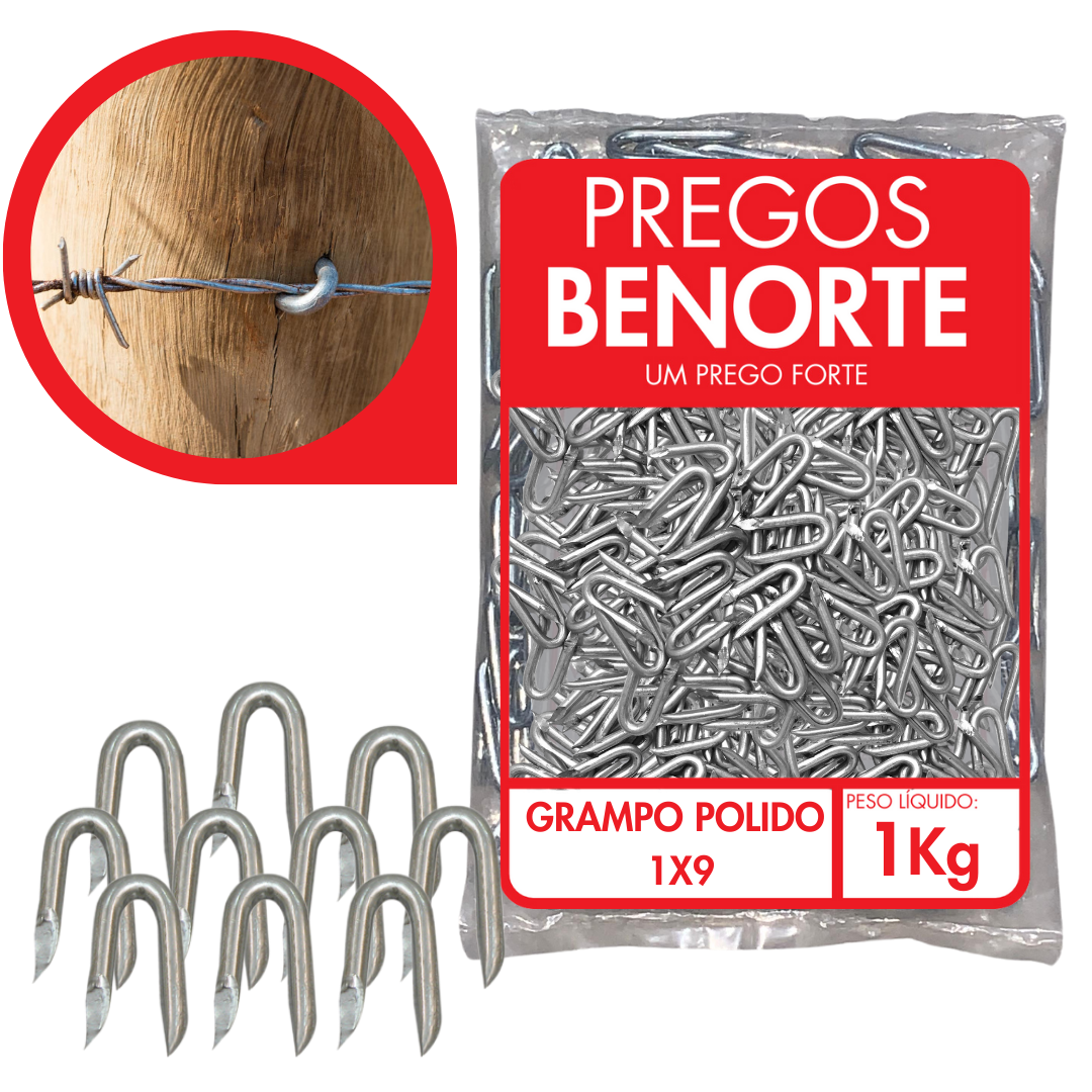 1KG Grampo Para Cerca Arame Farpado Liso Aroeira 1x9 Aço Polido Benorte