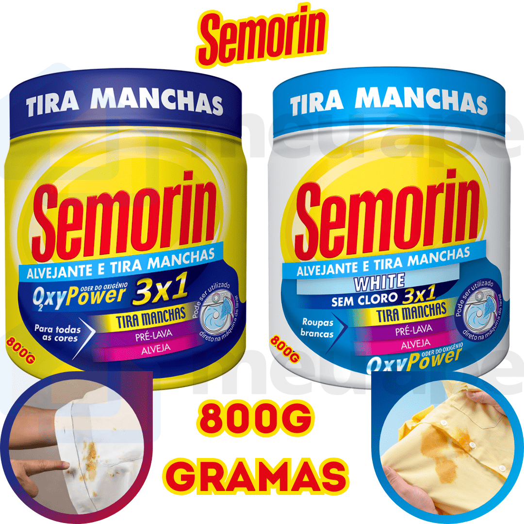 Alvejante Tira Manchas Em Pó Roupas Brancas Coloridas Sem Cloro Semorin 800g
