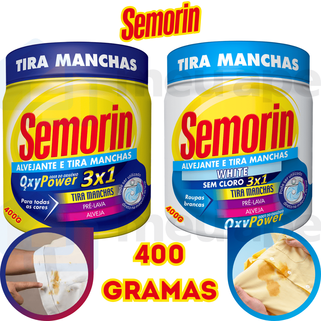 Alvejante Tira Manchas Em Pó Roupas Brancas Coloridas Sem Cloro Semorin 400g 