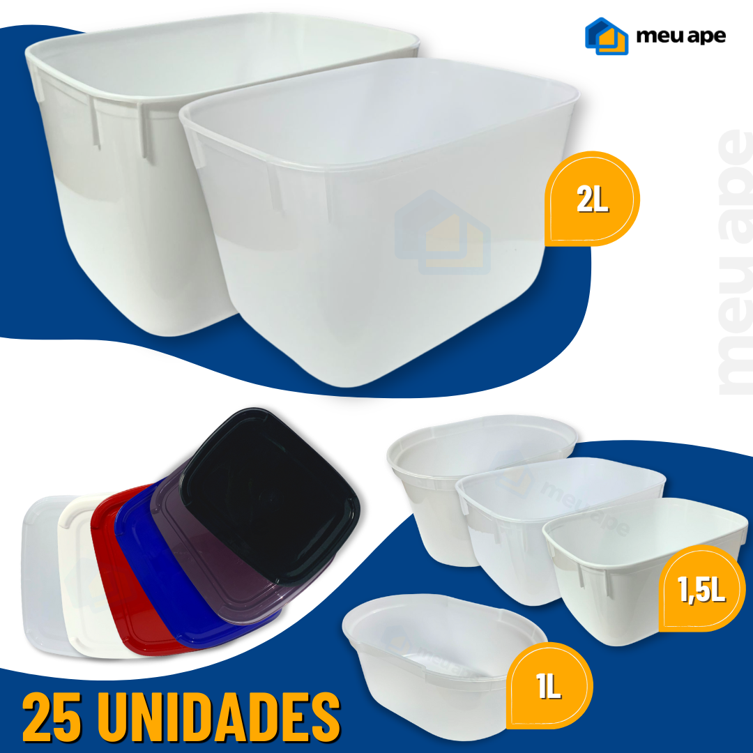 Kit 25 Potes Sorvete Açaí Sorbet C/ Tampa Plástico Cores Sorveteria Retangular Oval 1/1,5/2 Litros