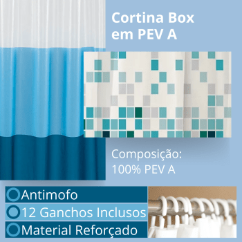 Cortina Para Box Banheiro PVC Com Ganchos Vários Modelos 1,98x1,80m