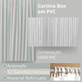 Cortina Para Box Banheiro PVC VISOR Com Ganchos Vários Modelos  1,98x1,80m