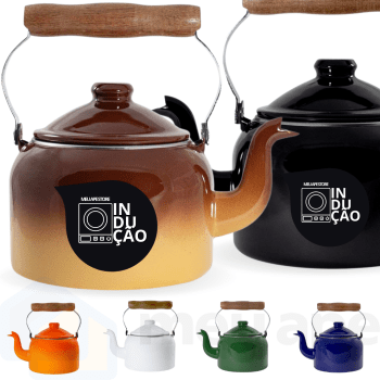 Chaleira Esmaltada Agata Indução 1,8L Cabo De Madeira Original Ewel