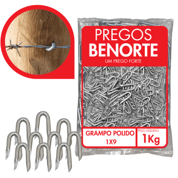 1KG Grampo Para Cerca Arame Farpado Liso Aroeira 1x9 Aço Polido Benorte
